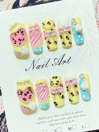 10-delars handgjort nagelkonst-set med tryckknapp, söt nagelkonst, Y2K-stil, lösnaglar, korta naglar, fyrkantiga naglar, 3D-strass/rosettdekorationer, lämplig för tjejers vardagliga nagelkonst och dejtnagelkonst, inkluderar gellack och nagelfil.