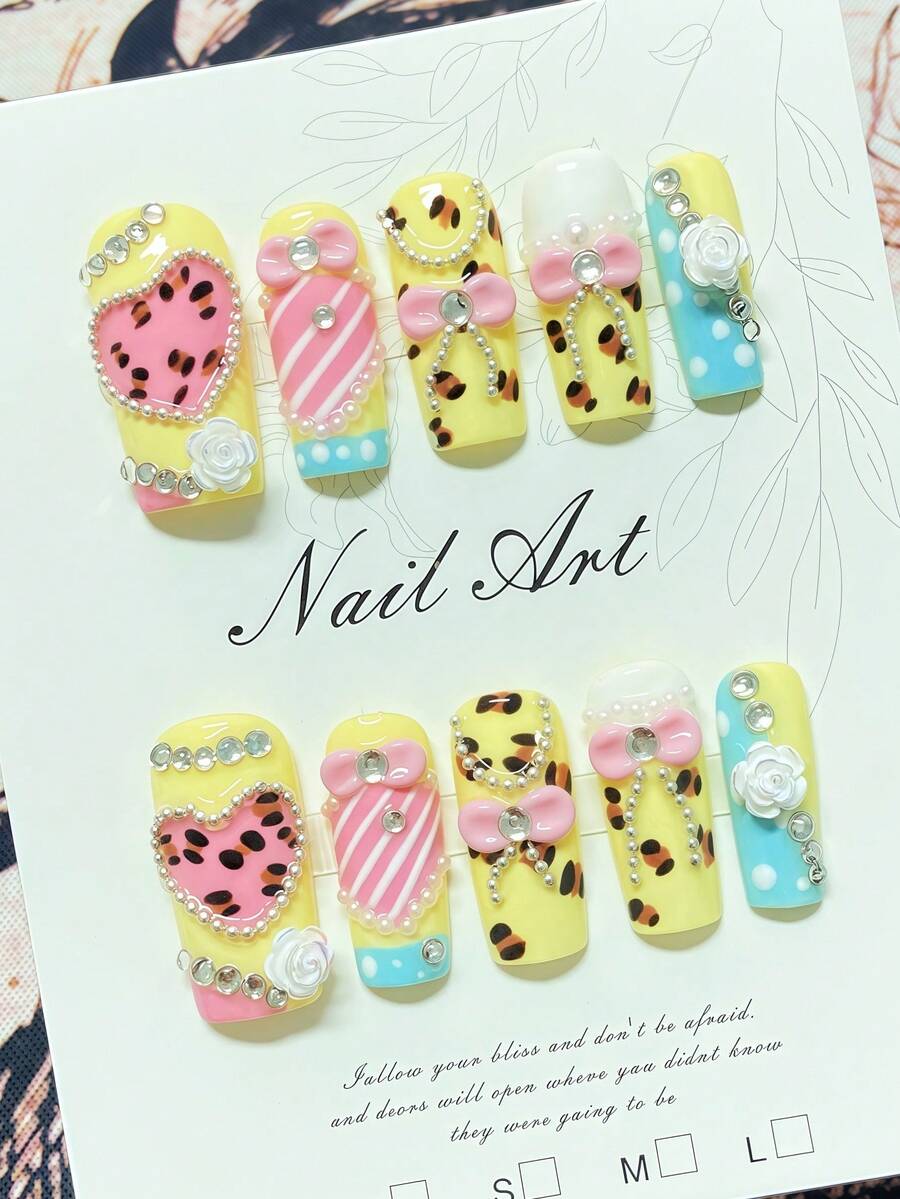 Bộ 10 móng giả dán thủ công, kiểu dáng dễ thương, phong cách Y2K, móng giả, móng ngắn, móng vuông, trang trí đá/nơ 3D, phù hợp cho việc làm móng hàng ngày và hẹn hò của các bạn gái, bao gồm sơn gel và dũa móng. Dụng cụ làm móng - Màu vàng - Xem 1