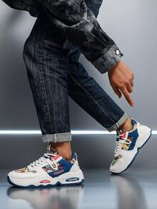 White And Blue Men's Casual Sneakers New Fashionable Sports Shoes For Men Comfortable, Lightweight And Versatile Graffiti Colors - Blue - View 6