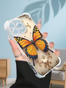 1PC Funda transparente con diseño de mariposa monarca naranja sobre flor blanca y detalles dorados, estilo minimalista clásico y elegante, protección contra caídas, ideal para mujeres y amantes de la naturaleza y el arte decorativo, regalo perfecto para fiestas, amigos, pareja o familia : funda transparente resistente a golpes, compatible con Apple Phone17/16/15/14/13/12/11/XS/XR/X/PLUS/PRO/PROMAX, agarre cómodo, regalo ideal para ocasiones especiales - transparente - Ver 7
