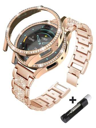 Women's Metal Diamond Strap + PC Shiny Diamond Hollow Shock-Absorbing And Drop-Proof Protective Case Compatible With Samsung Galaxy Watch 4 5 6 7 Series 40/44mm Strap Protective Case, Showing A Fashionable And Stylish Strap And Protective Case Combination