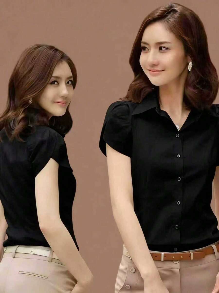 女士专业短袖修身通勤衬衫 黑色 夏季 - 黑色 - 查看 1