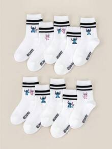 Disney 1/5/10双装，史迪奇天使图案儿童短袜，“星际宝贝”卡通图案，黑色双条纹白色中筒袜，女童短袜，男童短袜，柔软舒适透气踝袜，防滑船袜，酷炫卡通图案踝袜，可爱休闲风，日常穿着/派对礼物/复活节/夏季，多色袜子 - 彩色 - 查看 20