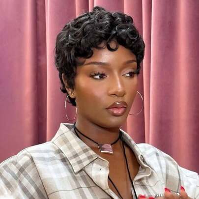 Black And Brown Wig Density Women's Curly Wave Pixie Cut Wig With Bangs | Glueless Rose Net Cap,High-Temperature Resistant Synthetic Wig, Natural Look | For Daily & Party Use
