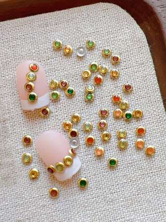 10pcs Colorful Edged Semi-Circle Nail Rhinestones, Handmade DIY Button Pearl Decorations, High Brightness Strong Adhesive Nail Accessories, INS Style Nail Stickers, Exquisite Versatile Makeup Tools, Popular Item