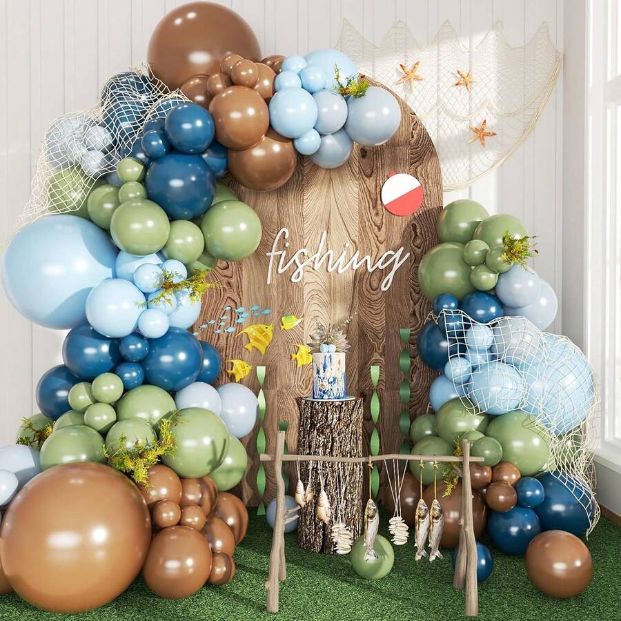 CROSSFINGERS Fishing-Themed Turquoise Balloon Arch Decoration Set, 149 Light Blue, Brown, And Gray Balloons In Various Sizes, Perfect For Fishing-Themed Birthday Parties, Baptism Parties, Babyshowers, And Other Party Decorations. - Multicolor - View 1