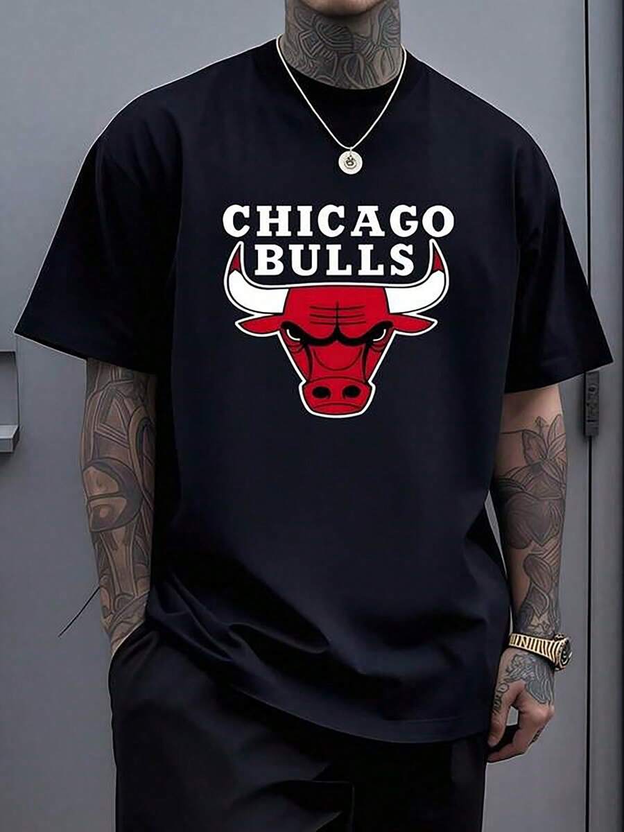 Logo Graphic Men's Black T-Shirt,Comfortable Casual Short Sleeve, 220 Gram Heavyweight Cotton Printed T-Shirt - 黑色 - 查看 1
