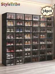 StyleTribe 6/14 Piezas Cajas de Zapatos Transparentes con Tapa -Zapatos Transparentes - Organizadores Apilables para Clóset, Ahorrador de Espacio Antipolvo | Fácil Armado, Plástico Duradero | Incluye Separadores para Tacones/Botas/Tenis, Se Pueden Usar como Cajas de Zapatos en Miniatura para Dormitorio, Casa, Entrada, Pasillo, Artículos de Sala de Estar, Organización y Almacenamiento en el Hogar