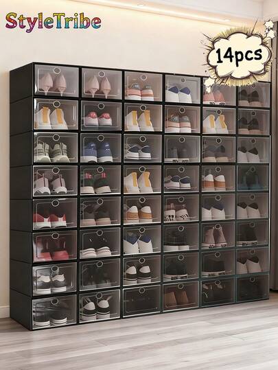 StyleTribe 6/14 Piezas Cajas de Zapatos Transparentes con Tapa -Zapatos Transparentes - Organizadores Apilables para Clóset, Ahorrador de Espacio Antipolvo | Fácil Armado, Plástico Duradero | Incluye Separadores para Tacones/Botas/Tenis, Se Pueden Usar como Cajas de Zapatos en Miniatura para Dormitorio, Casa, Entrada, Pasillo, Artículos de Sala de Estar, Organización y Almacenamiento en el Hogar