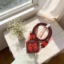 酒红色3D蝴蝶结造型数据线保护套，兼容苹果18-20W充电器，防刮防裂；酒红色玫瑰色，兼容苹果蓝牙耳机保护套 - 酒紅色 - 查看 3