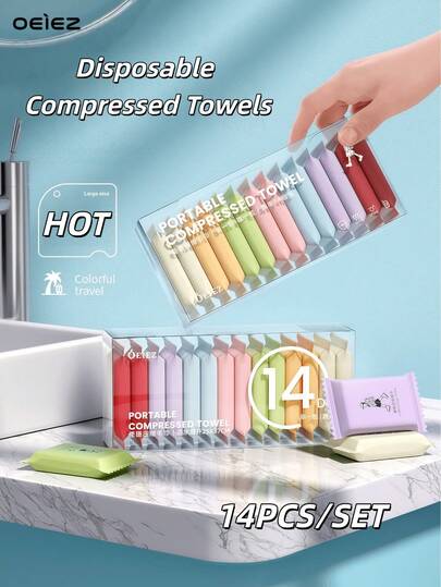 OEIEZ 14pcs Compressed Face Towel Sheets, 14.5x9.8 Inch Soft Facial Cleansing Wipes, Portable Coin-Shaped Compressed Paper Towels, Suitable For Camping, Travel, Home, Outdoor Activities