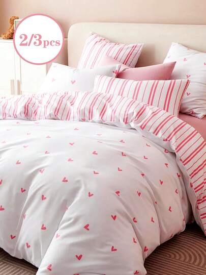 2/3pcs Set Pink Striped Heart Pattern, Romantic Super Soft, Student Outfit, Sweet Cute Girl, Student, Unisex, Dorm Decor, Washed Matte Duvet Cover Pillowcase Set, Spring/Summer, Twin/Queen/King Size