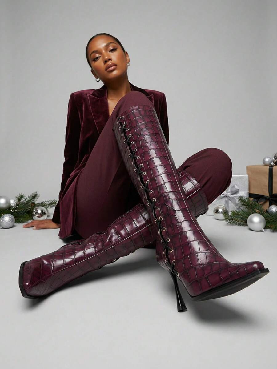 Kylasien Stiletto Heel Wide Calf Boots For Women, Pointed Toe Knee High With Side Zipper, Long Fashion Boots For Party - Màu Đỏ Sâu - Xem 1