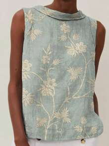 Women's Vintage Floral Print Shirt Round Neck Sleeveless Top - 彩色 - 查看 2