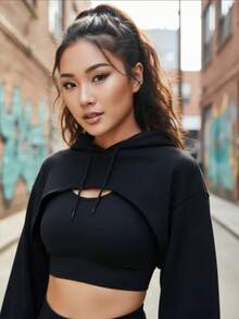 Sudadera con capucha oversize informal y holgada para mujer Blusa exterior con capucha corta para mujer - Negro - Ver 4