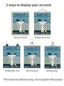 1pc Frameless Vintage Art Deco Style Black Cat "Wash Your Paws" Quote Poster, Retro Whimsical Pet Decor For Bedroom, Cute Bathroom Wall Art, Funny Cat Lover Gift, Dorm Room Decor, Funky Vintage Print For Cat Owners - Multicolor - View 6