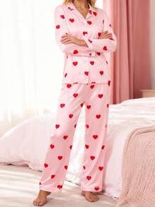 Mommy And Me Matching Pajamas Long Sleeve Lapel Dot/Heart Print Button Up Tops And Pants Set - Pink - View 4