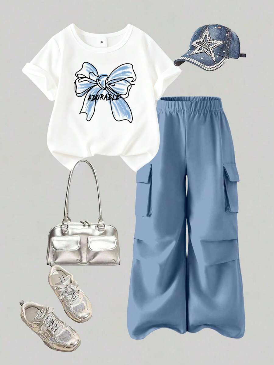Girls' Casual Set - Bow Print Round Neck Short Sleeve T-Shirt And Cargo Pants - Blue - View 1