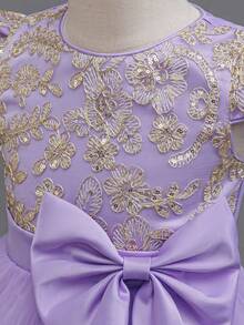 Elegant Sleeveless Embroidered Trailing Luxurious Princess Dress, Tulle Puffy Performance Flower Girl Evening Gown - Lilac Purple - View 4
