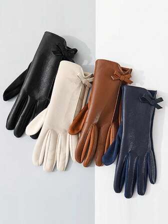 1 คู่ ถุงมือสั้นแบบสัมผัสหน้าจอสำหรับผู้หญิง, สีพื้นเรียบหรู โพลีเอสเตอร์ โบว์ ถุงมือสั้นแบบควิลท์ สัมผัสหน้าจอได้, เหมาะสำหรับใส่ในชีวิตประจำวันในฤดูใบไม้ร่วง/ฤดูหนาว