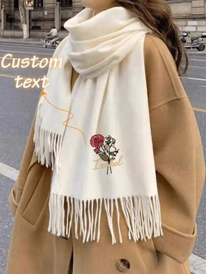 1pc Personalised Colourful Birth Flower Bouquet Faux Cashmere Scarf Tassel Shawl,Solid Color Faux Faux Cashmere Warm Scarf,With Name Winter Accessory Birthday Holiday Gift For Family Friend