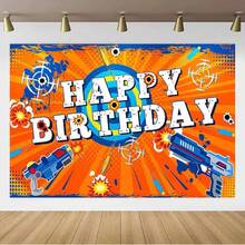 Telón de fondo para fiesta de cumpleaños de niños con dardos y pistolas de agua - Sin baterías requeridas, sin plumas, perfecto para celebraciones temáticas - Multicolor - Ver 25