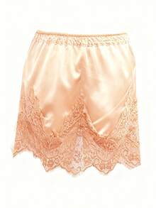Women Lace Trim Silk Mini Skirt Y2k Lacy Satin A Line Half Slip Short Skirt Cute High Waist Underskirt - 粉色 - 查看 5