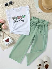 Girls Heart Print Short Sleeve Top And Bow Tie Long Pants - Green - View 1