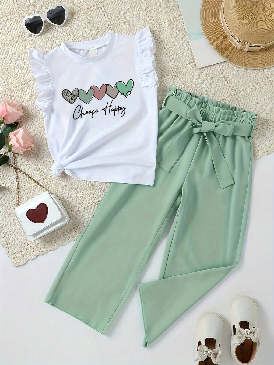 Girls Heart Print Short Sleeve Top And Bow Tie Long Pants - Green - View 1