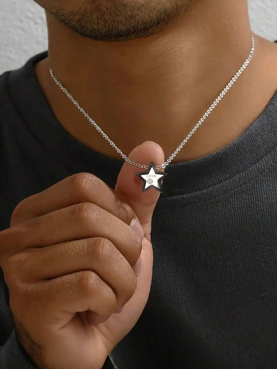 1件极简前卫风格不锈钢黑白撞色星星项链，男士日常街头风及情人节佩戴 - 星星 - 查看 1