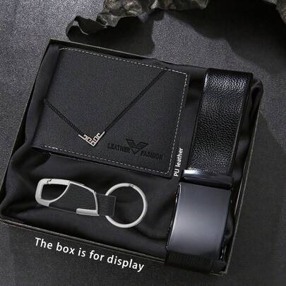3pcs Men's Wallet + Belt + Keychain Set, Fashion Elegant Business Casual Sports Men's Wallet Set, Suitable For Daily Matching And Gift Giving, No Gift Box