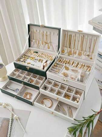 1pc Large Capacity Jewelry Box With Lock, Multi-Layer Drawer-Type Jewelry Box, Dustproof Pu Jewelry Storage Box, Dressing Table Jewelry Display Box, Luxury Jewelry Storage Box, Multi-Functional Storage Box, Jewelry Storage And Display, Home Essentials, Rings, Necklaces, Bracelets Storage Container, Accessories Storage Accessories, Gifts For Women, Luxury Gifts, Holiday Gifts, Christmas Gifts.