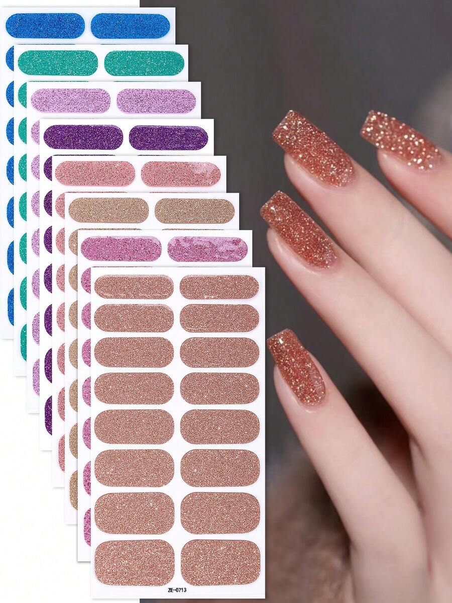 Beauty Sticker 8张美甲贴纸，粉色闪粉自粘凝胶美甲贴，适合女性居家DIY美甲用品，美甲套装