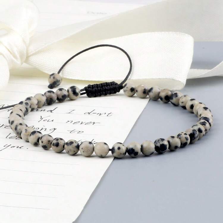 1条4毫米编织斑点石手链，配圆形珠子，男女皆宜，简约设计，是海滩度假的完美之选。 - 米色 - 查看 3