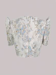 女士时尚提花泡泡袖短款夹克 - 藍色 - 查看 2