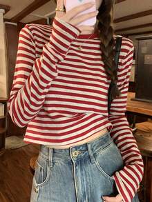 Early Spring Korean Style Colorblock Striped Cropped Design Versatile Long Sleeve Women T-Shirt Top (Stripe Pattern Random) Casual Red - Red - View 1