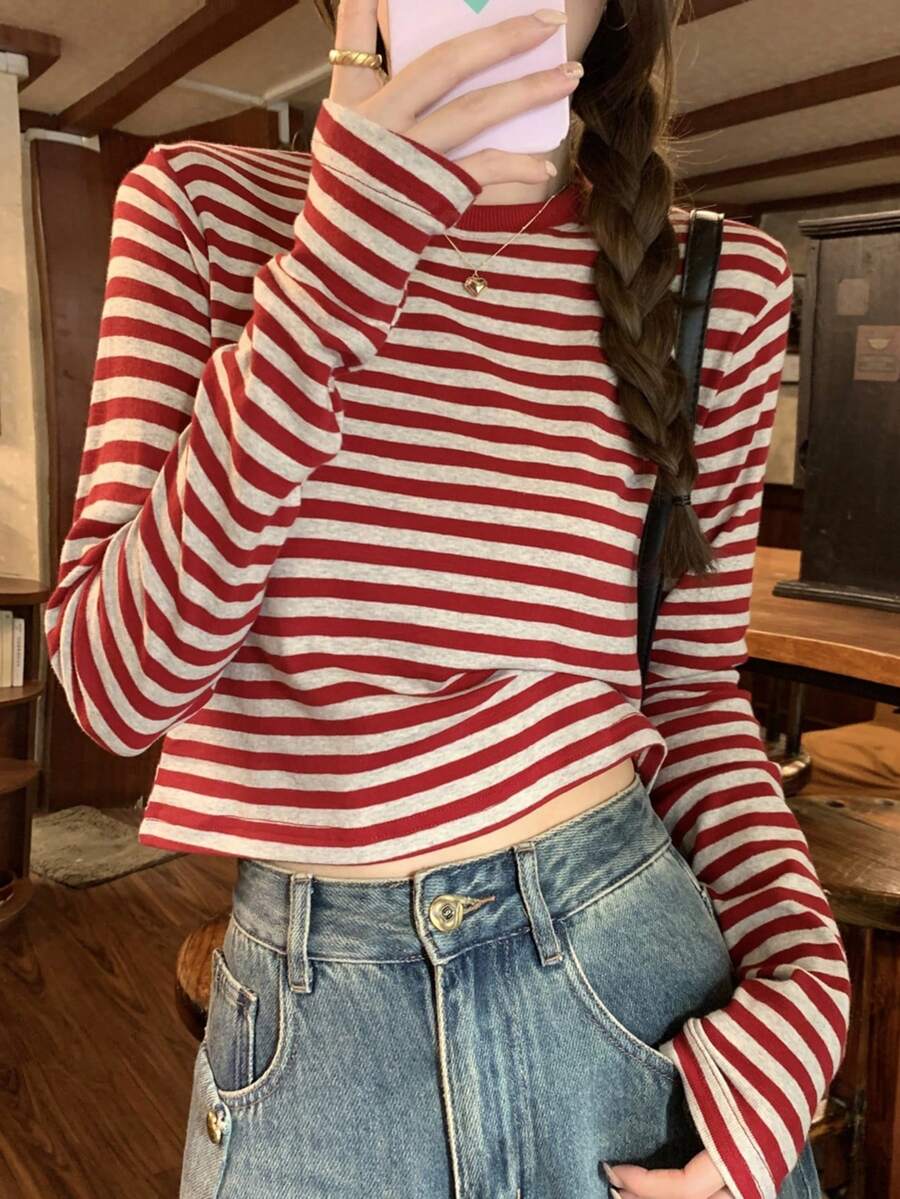 Early Spring Korean Style Colorblock Striped Cropped Design Versatile Long Sleeve Women T-Shirt Top (Stripe Pattern Random) Casual Red - Red - View 1