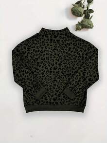 Women's Leopard Print Ribbed Knit Pullover Sweatshirt, Long Sleeve, Zipper Detail, Regular Fit Casual Top - Army Green - View 3