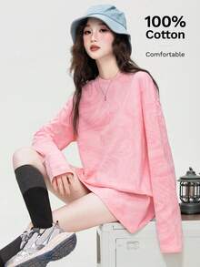 Women's New Year Versatile Loose Long Sleeve T-Shirt, Ink Painting Print Round Neck Top - 0A33 Light Pink - View 6