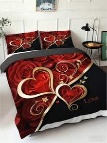 3 Stück luxuriöser Bettbezug-Set mit roter Rose & Herz Design (1*Bettbezug + 2*Kissenbezüge, ohne Füllung), romantisches Goldakzent Liebes Muster Bettbezug, Valentinstag Schlafzimmer Dekoration für Paare & elegante romantische Ästhetik Enthusiasten, beruhigend für die Augen, geeignet für Zuhause, Schlafzimmer und Gästezimmer - Verschiedenfarbig - Übersicht 9