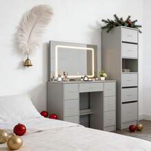 [Christmas Gift] Elegant Dressing Table With Mirror, Featuring Multiple Drawers For Versatile Storage. Spacious Compartments, Three-Colour Makeup Mirror With Adjustable Brightness. Multi-Tiered Vanity Unit For Bedroom Use - trắng - Xem 4