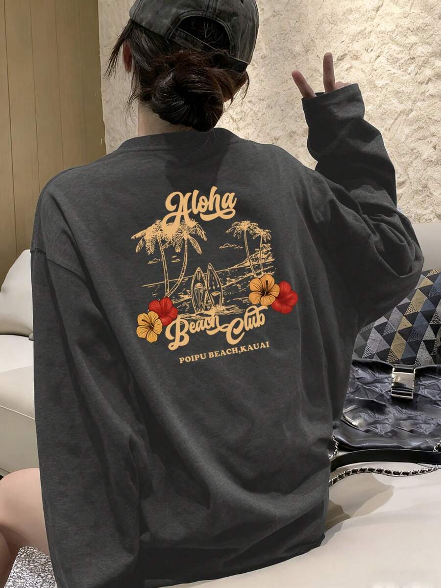 T-Shirt Long Sleeve Autumn Ladies Fashion T-Shirt Office Casual 210g Cotton Character Print Loose Fit Black Y2K Ladies Tops - Màu xám đen - Xem 1