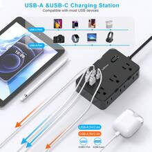 JcBlaon 5英尺带4个USB端口（2个USB-C端口）的防浪涌电源条，6英寸宽插座扩展器，可壁挂安装，超薄扁平插头 - 美規B型插(110-127V) - 查看 4