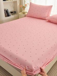 1pc Soft & Breathable Striped Heart Geometric Pattern Fitted Sheet/Mattress Protector Set, Fits Twin, Full, Queen, King Size Beds With Deep Pocket Up To 11.8 Inches, Suitable For Home, School, Dorm, Machine Washable - Watermelon Pink - View 2
