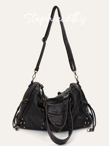 STEPHIECATHY 复古休闲酷炫街头风男女通用款，柔软水洗PU人造革，拉链封口，拉链口袋，铆钉编织装饰，大容量可装13英寸笔记本电脑，可调节长肩带，斜挎单肩包，女士日常大学通勤旅行百搭包 - 彩色 - 查看 8