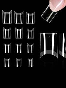 600 piezas Puntas de uñas artificiales cuadradas acortadas y en punta, rectas, transparentes, con forma francesa prediseñada para extensión de uñas, 12 tamaños, DIY para salón - transparente - Ver 2