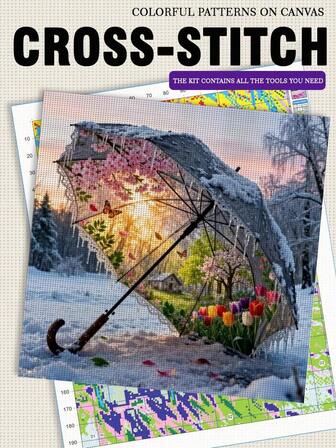 1 st ramlös [40 * 40 cm/15,7 * 15,7 tum], vackert paraply i snön, 11CT/14CT tryckt korsstygns-DIY-set, lämplig för vuxna och nybörjare för att enkelt göra korsstygns-DIY-set, perfekt för väggdekoration i sovrum och vardagsrum. Gåvan innehåller en tryckt duk, nål, tråd, bild och instruktionsmanual.