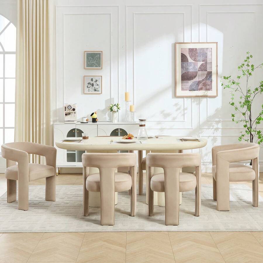 JIEMAX Modern Minimalist Khaki Velvet Dining Chairs – Plush Upholstered Seat With Wide Integrated Armrests & Sturdy Thick Block Legs, Stylish Accent Chairs For Dining Room, Living Room, & Home Office - 卡其色 - 查看 1