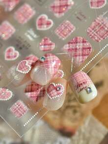 1pc Glitter Sequins Tweed Texture Sweet Heart Plaid Press-On Nail Stickers 5D Nail Art Cozy Festive Romantic Self Adhesive Nails For Women's Chic DIY Manicure Decals Nail Supplies - Multicolor - View 6