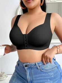 New Plus Size Front Closure Bra For Women, Wireless Minimizer Bra With Lift And Side Support - Black - View 4
